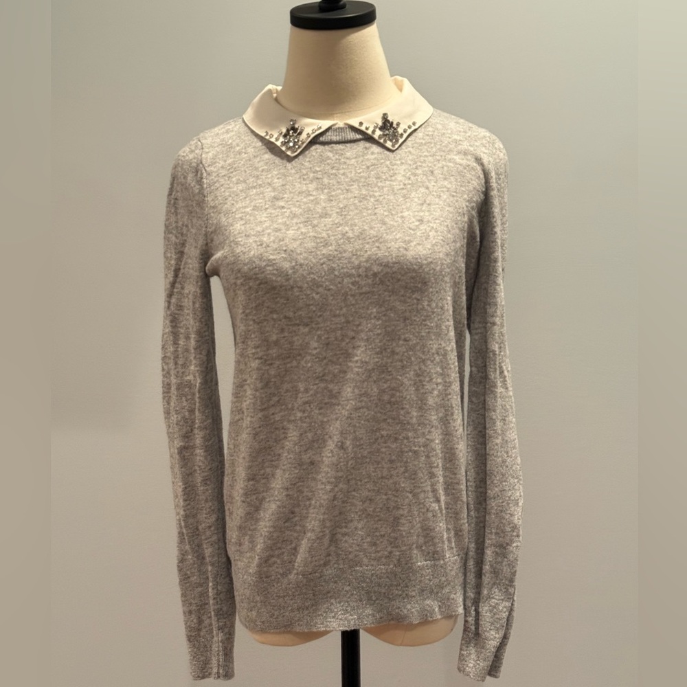 LOFT Heather Gray Sweater with Embellished Collar